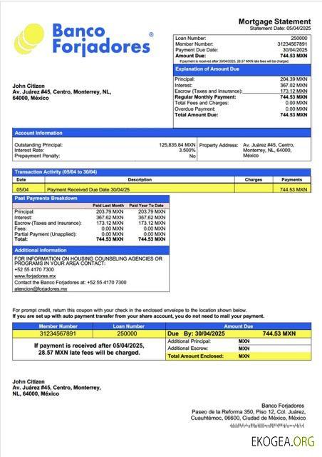 Modèle Word et PDF de relevé hypothécaire de Banco Forjadores au Mexique